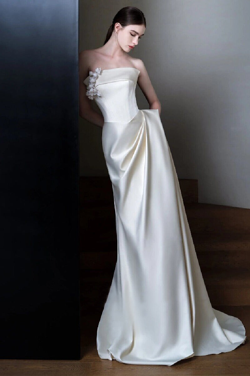 Sheath-Column Sweep-Brush Train Satin Wedding Dress 761888350591