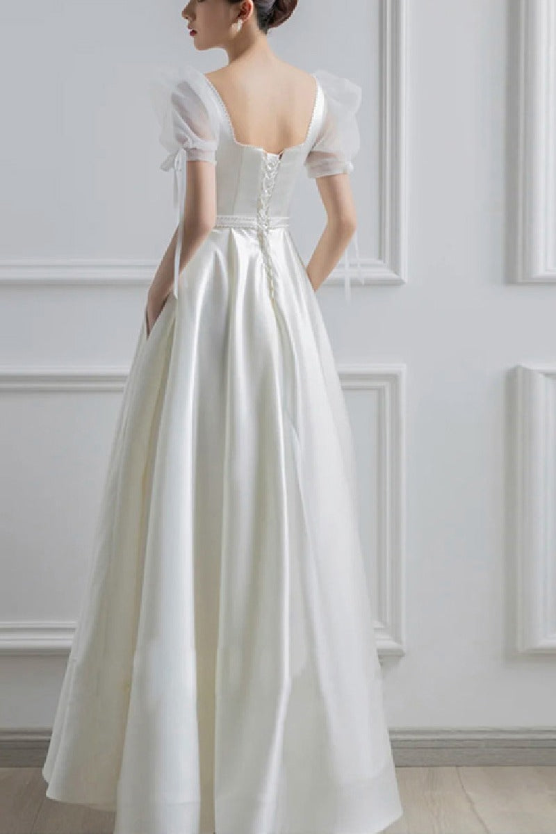 A-Line Floor Length Satin Wedding Dress 650928413690