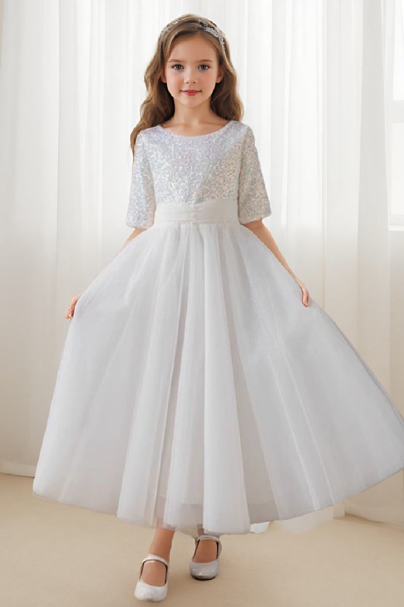 A-line/Princess Scoop Neck Tea-Length Tulle Sequined Flower Girl Dress 822092827358