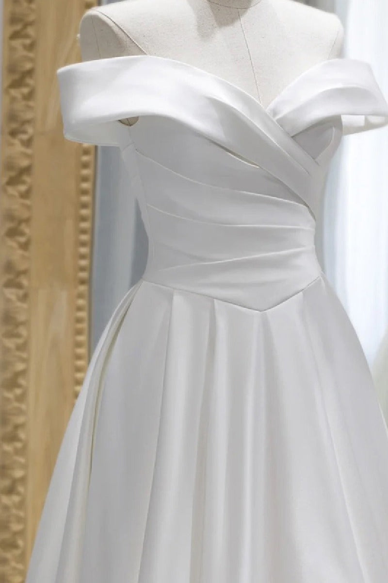 A-Line Sweep-Brush Train Satin Wedding Dress 657200409206