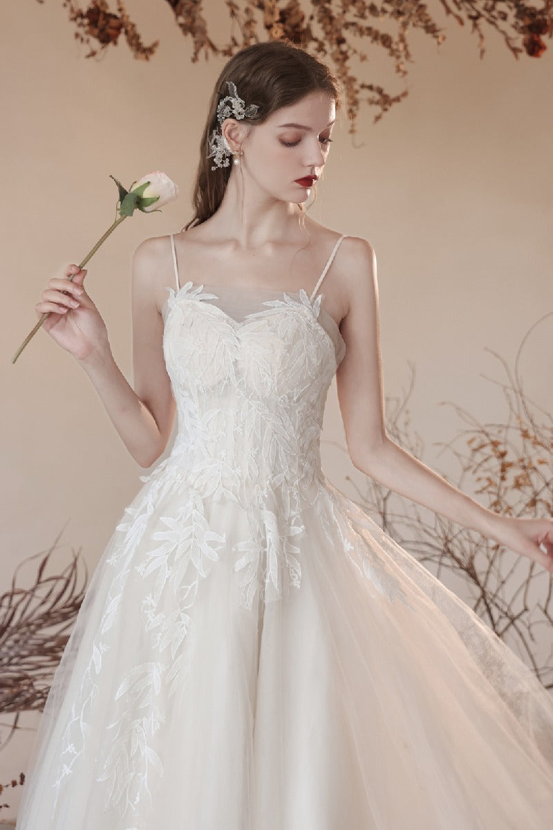 A-Line Ankle Length Lace Tulle Wedding Dress 820734030790