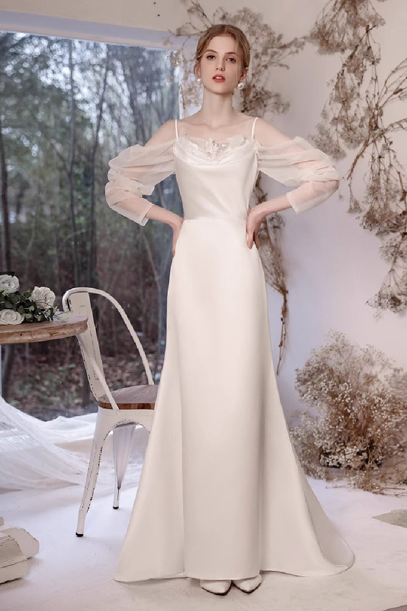 Sheath-Column Sweep-Brush Train Satin Wedding Dress 842075307132