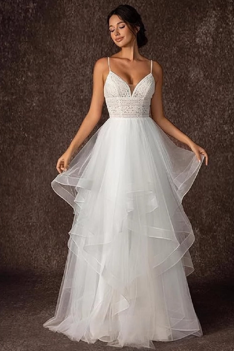 A-Line Sweep-Brush Train Lace Tulle Wedding Dress 864326962533