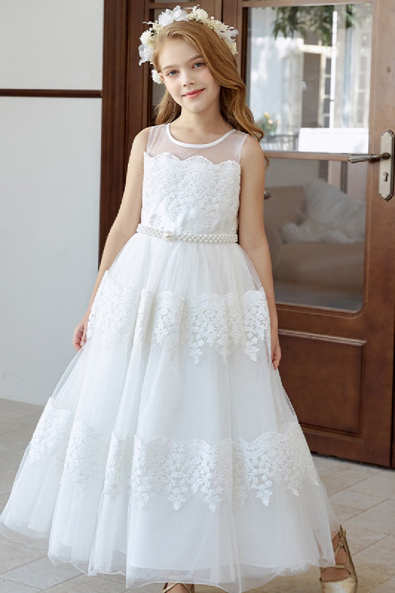 A-Line Illusion Neck Tulle Maxi Flower Girl Dresses 778034985750