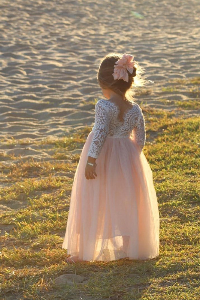 A-Line Scoop Neck Long Sleeve Lace/Tulle Flower Girl Dresses 725541112725