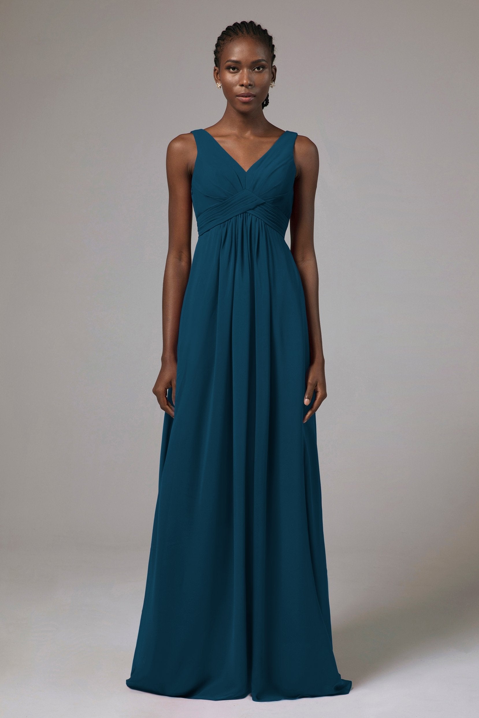 V-Neck Floor Length Chiffon Sleeveless Open Back Bridesmaid Dress Pleating  CB0411 – COCOMELODY