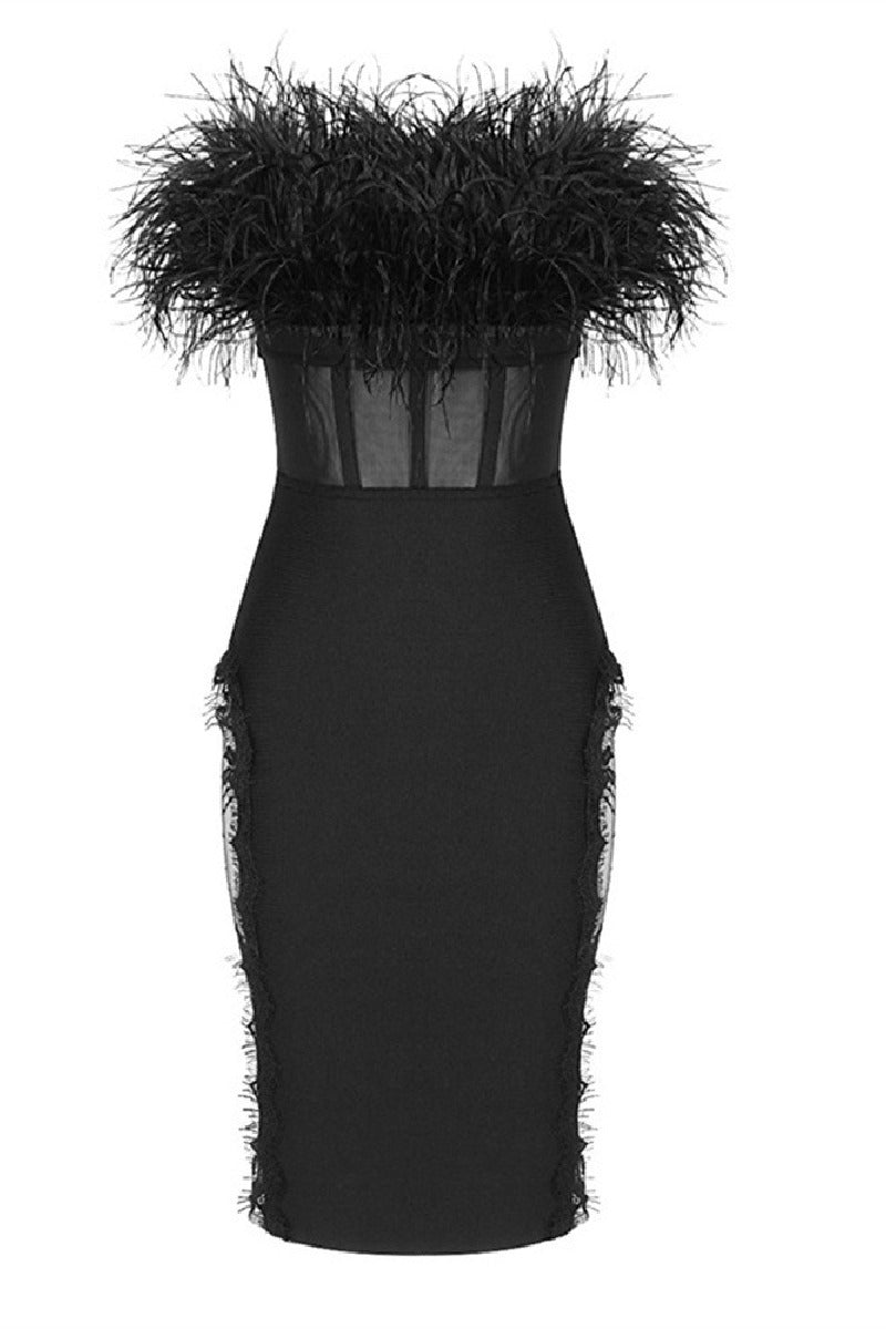 Bodice feather lace cutout mesh sheath hip bandage cocktail dress 738287275067