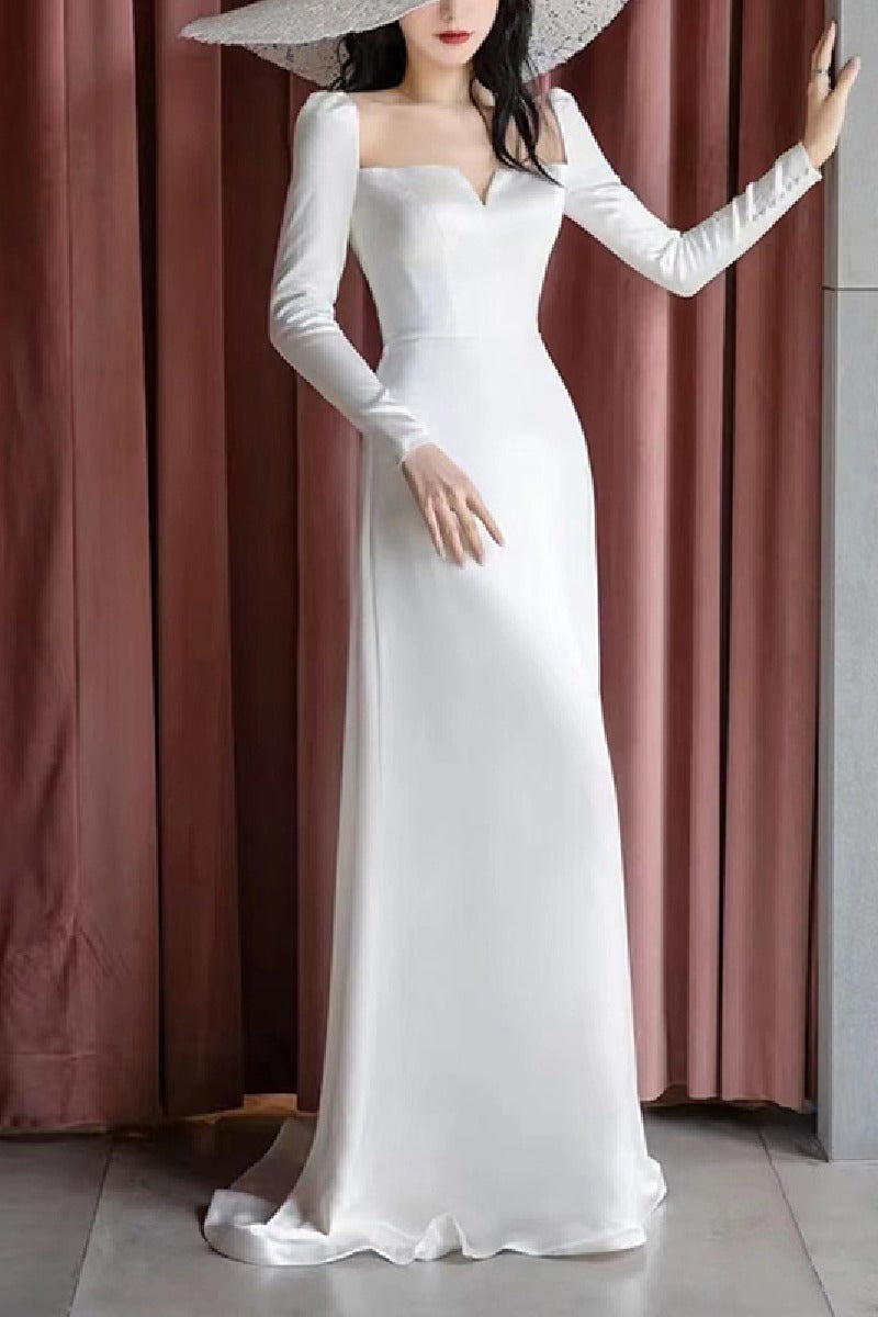 Sheath-Column Sweep-Brush Train Satin Wedding Dress 693111381183