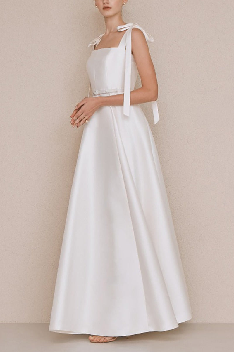 A-Line Floor Length Satin Wedding Dress 742347951746