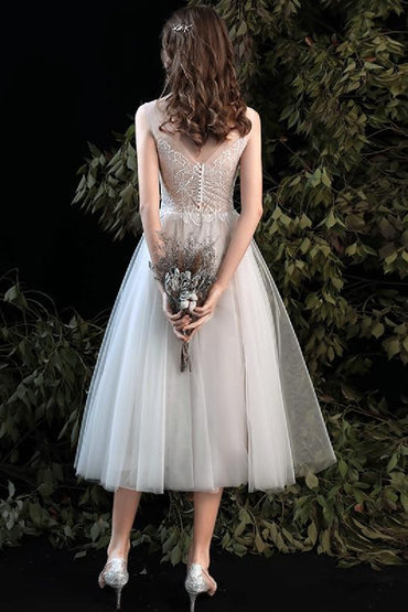 A-Line Tea Length Lace Tulle Wedding Dress 679197245061