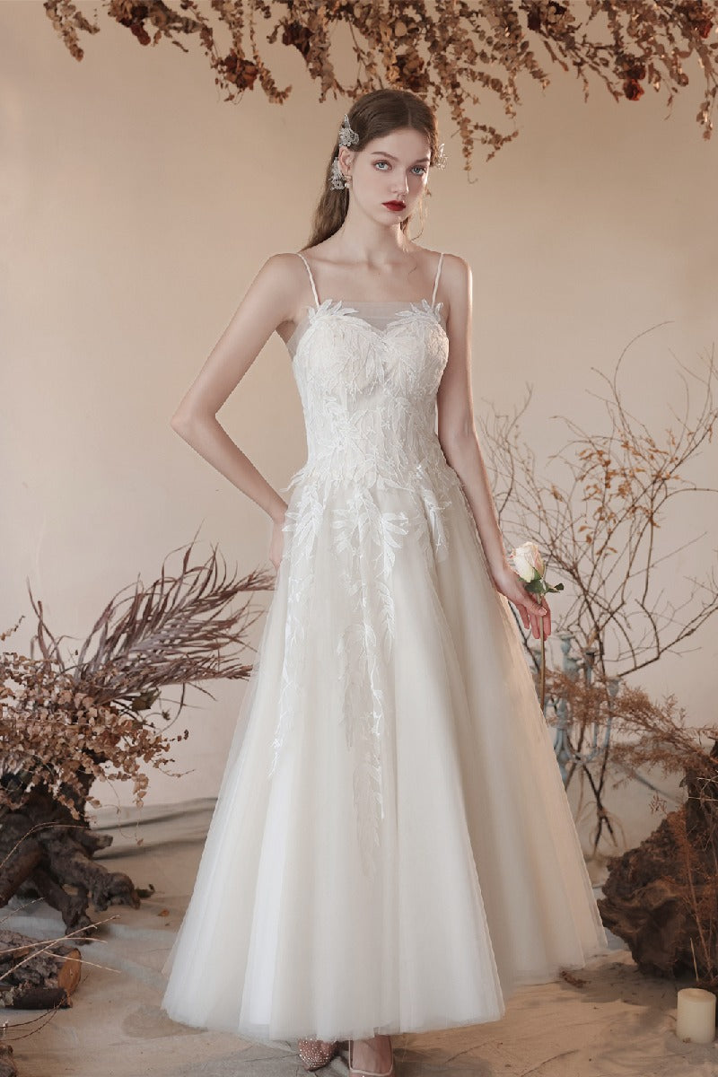 A-Line Ankle Length Lace Tulle Wedding Dress 820734030790