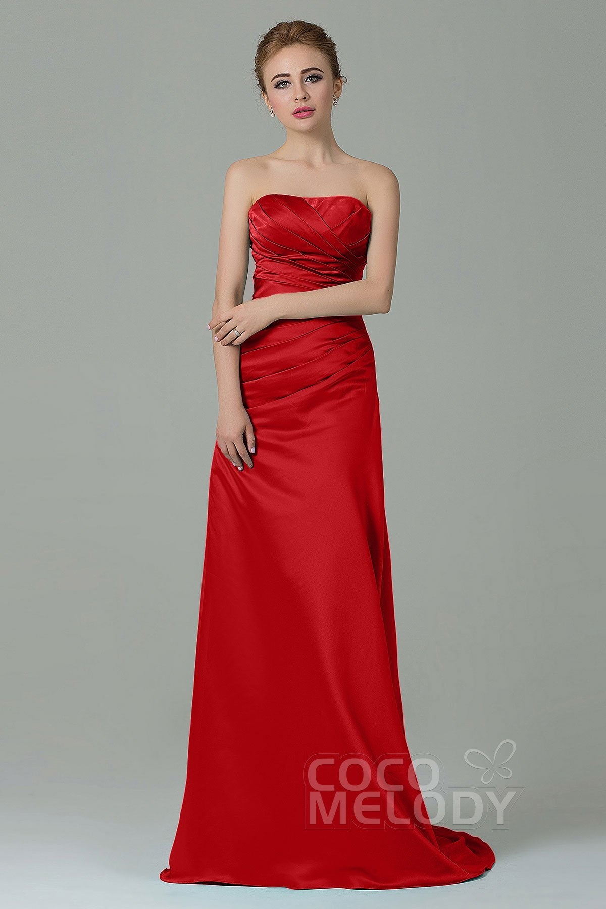 COCOMELODY Sheath-Column Sweep Train Satin Bridesmaid Dress COZF15010 