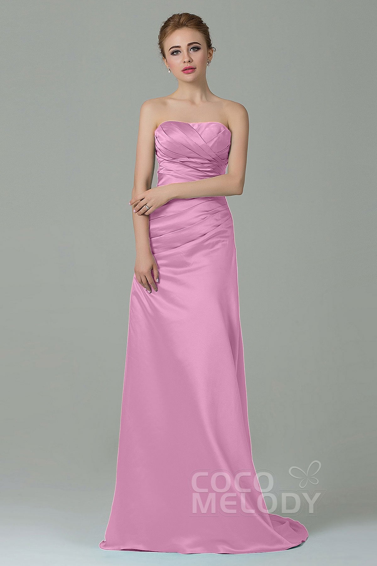 COCOMELODY Sheath-Column Sweep Train Satin Bridesmaid Dress COZF15010 