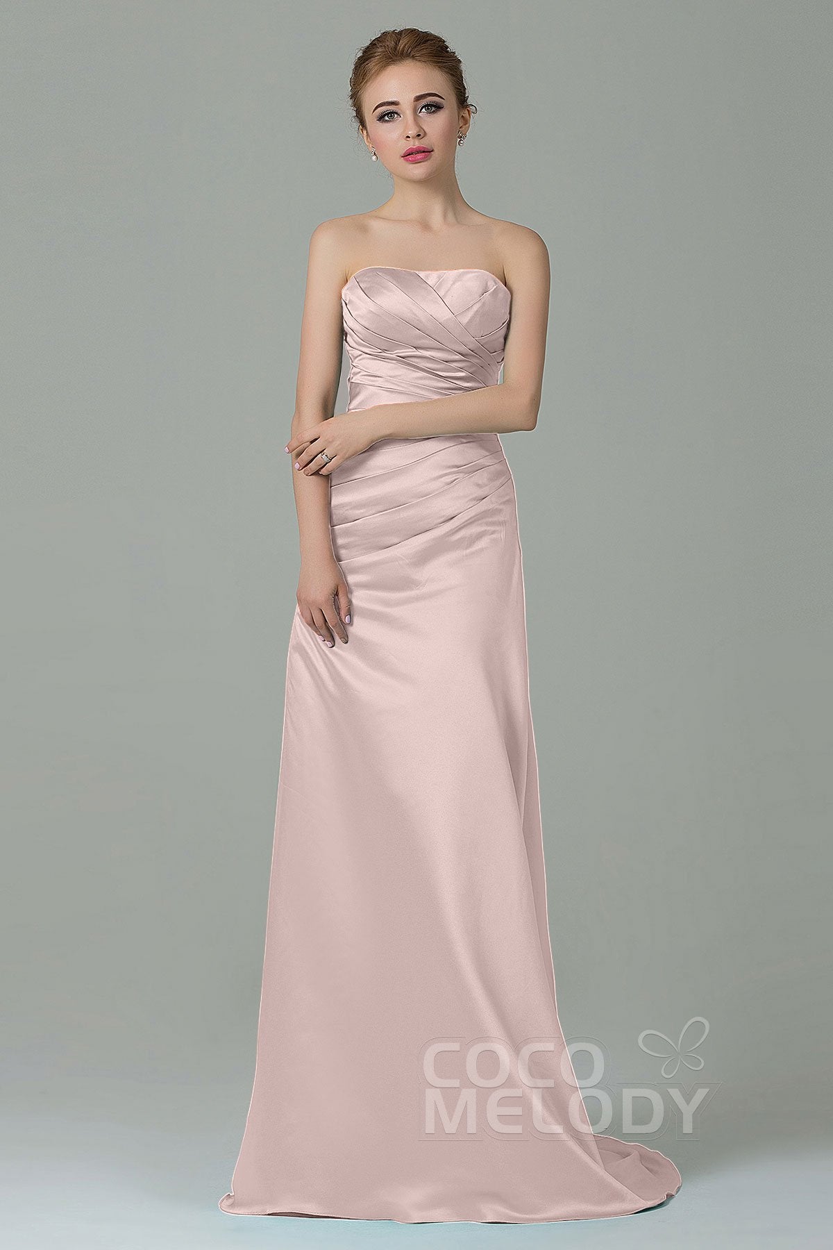 COCOMELODY Sheath-Column Sweep Train Satin Bridesmaid Dress COZF15010 