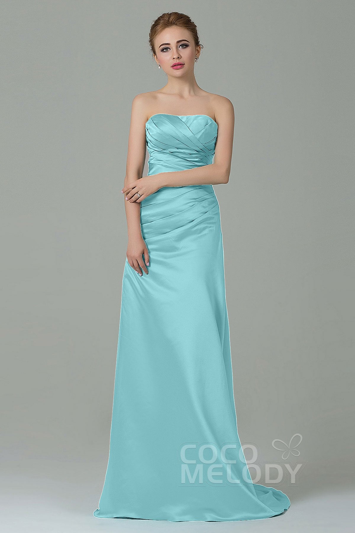 COCOMELODY Sheath-Column Sweep Train Satin Bridesmaid Dress COZF15010 