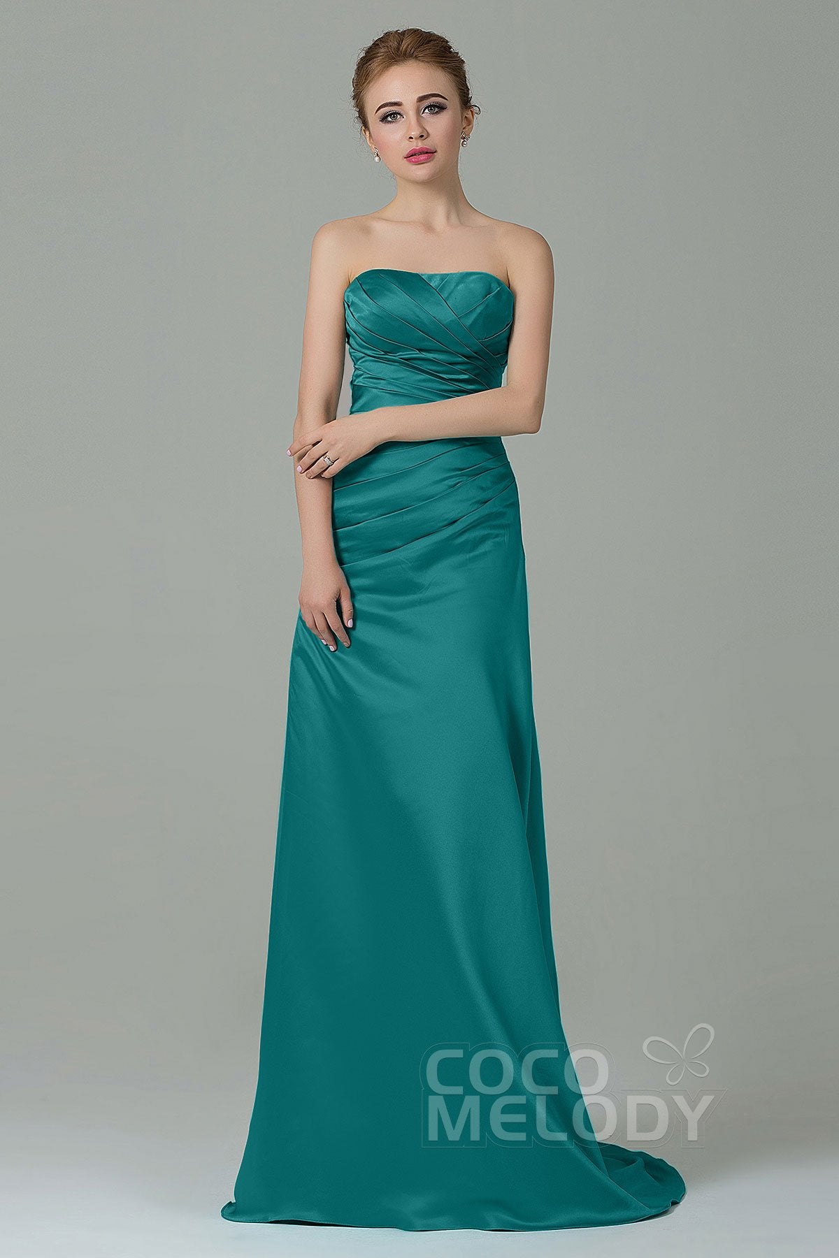 COCOMELODY Sheath-Column Sweep Train Satin Bridesmaid Dress COZF15010 