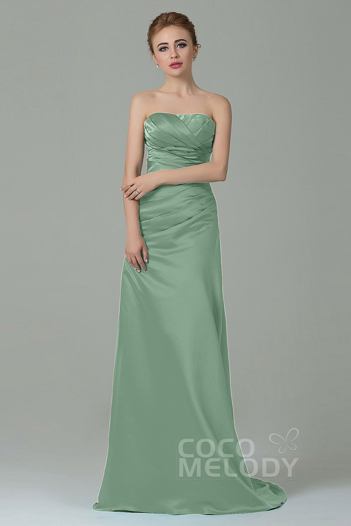 COCOMELODY Sheath-Column Sweep Train Satin Bridesmaid Dress COZF15010 