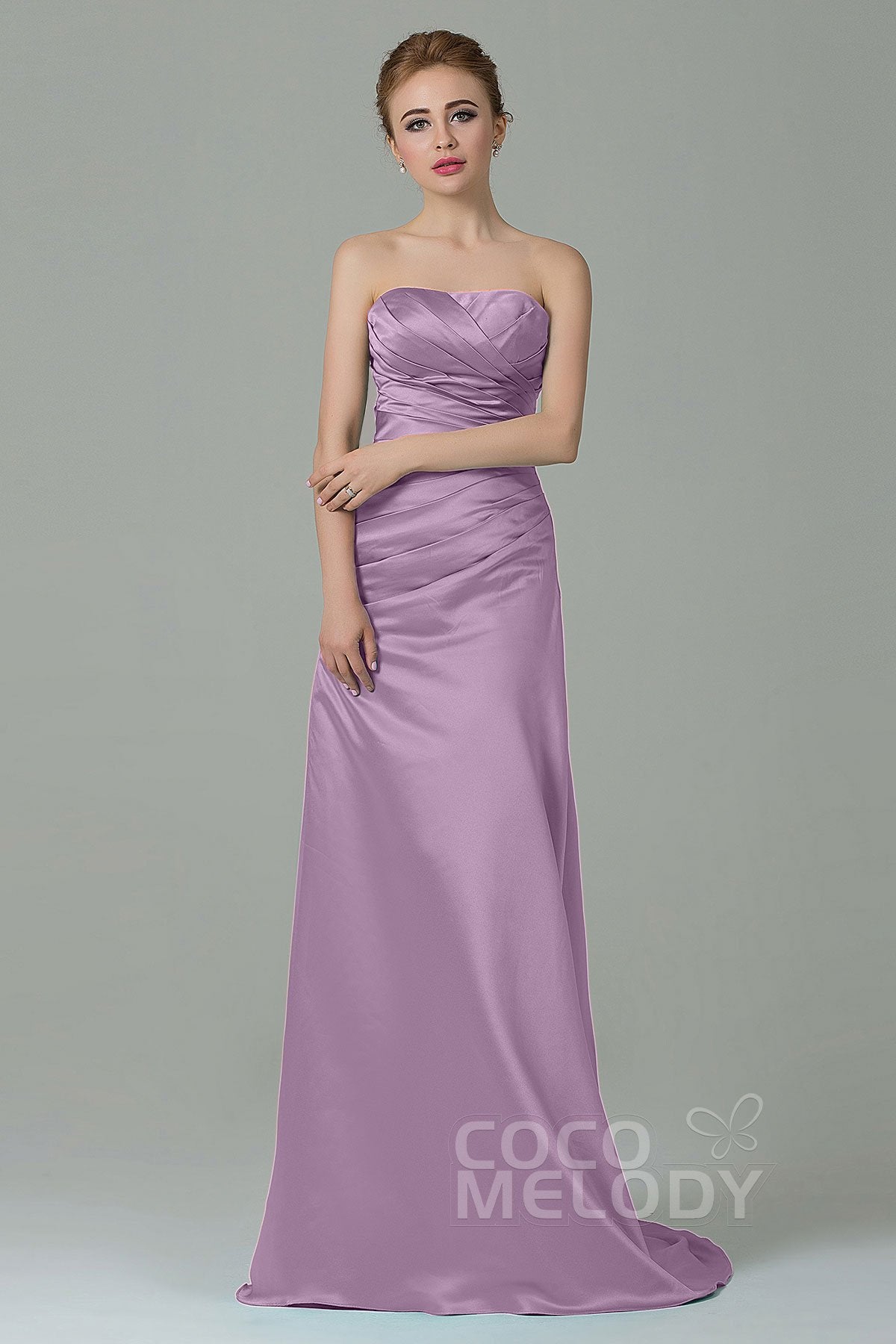 COCOMELODY Sheath-Column Sweep Train Satin Bridesmaid Dress COZF15010 