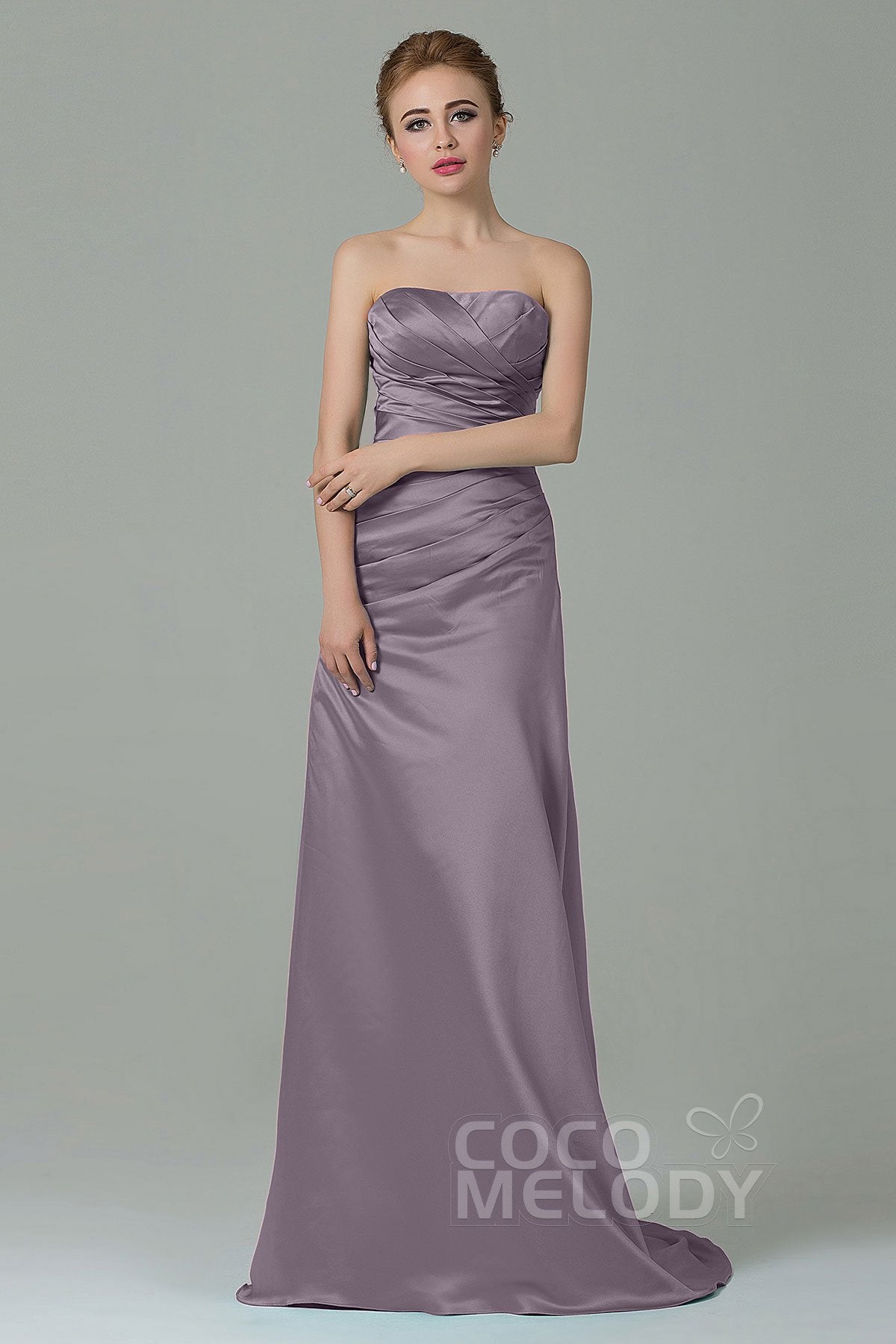 COCOMELODY Sheath-Column Sweep Train Satin Bridesmaid Dress COZF15010 