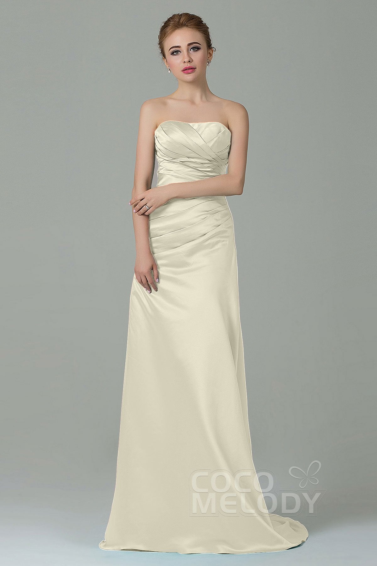 COCOMELODY Sheath-Column Sweep Train Satin Bridesmaid Dress COZF15010 