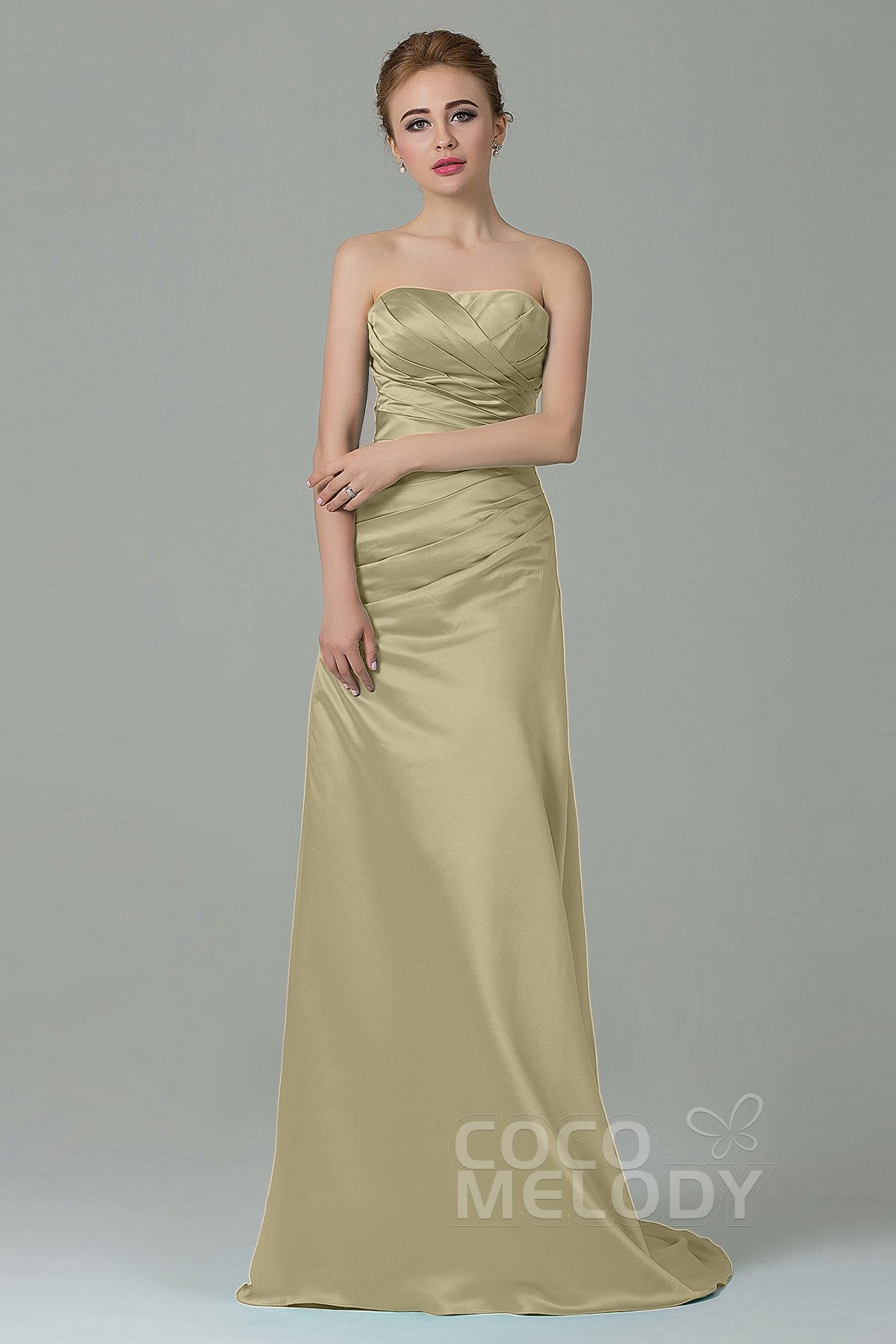 COCOMELODY Sheath-Column Sweep Train Satin Bridesmaid Dress COZF15010 