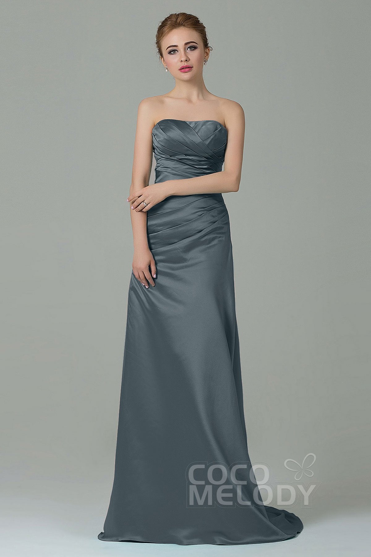 COCOMELODY Sheath-Column Sweep Train Satin Bridesmaid Dress COZF15010 