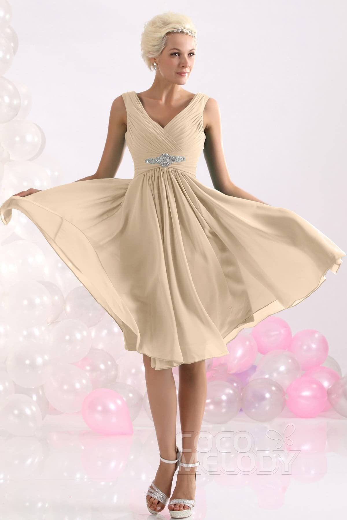 COCOMELODY A-Line Knee Length Chiffon Bridesmaids Dress COZK1302A 