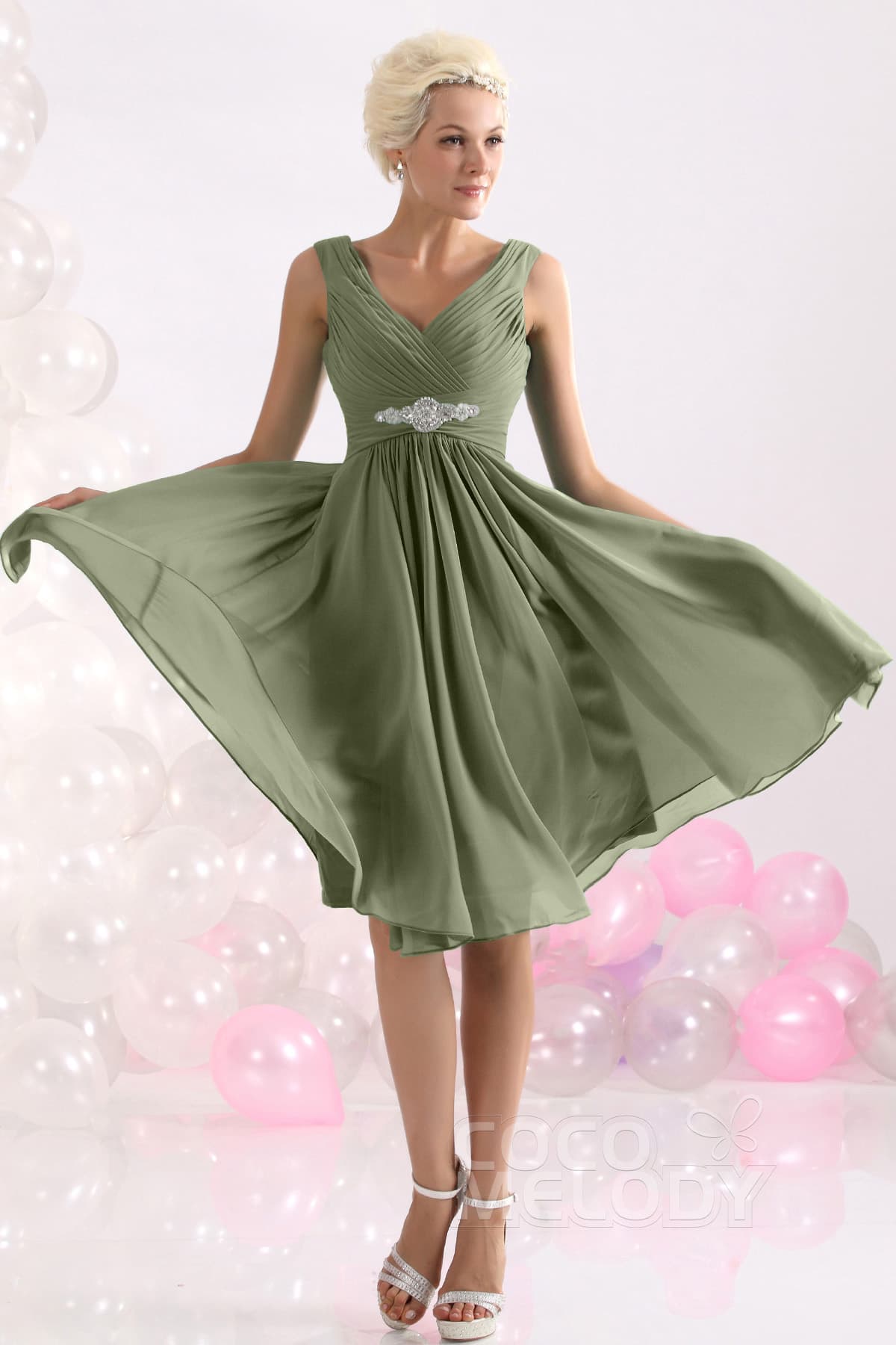 COCOMELODY A-Line Knee Length Chiffon Bridesmaids Dress COZK1302A 