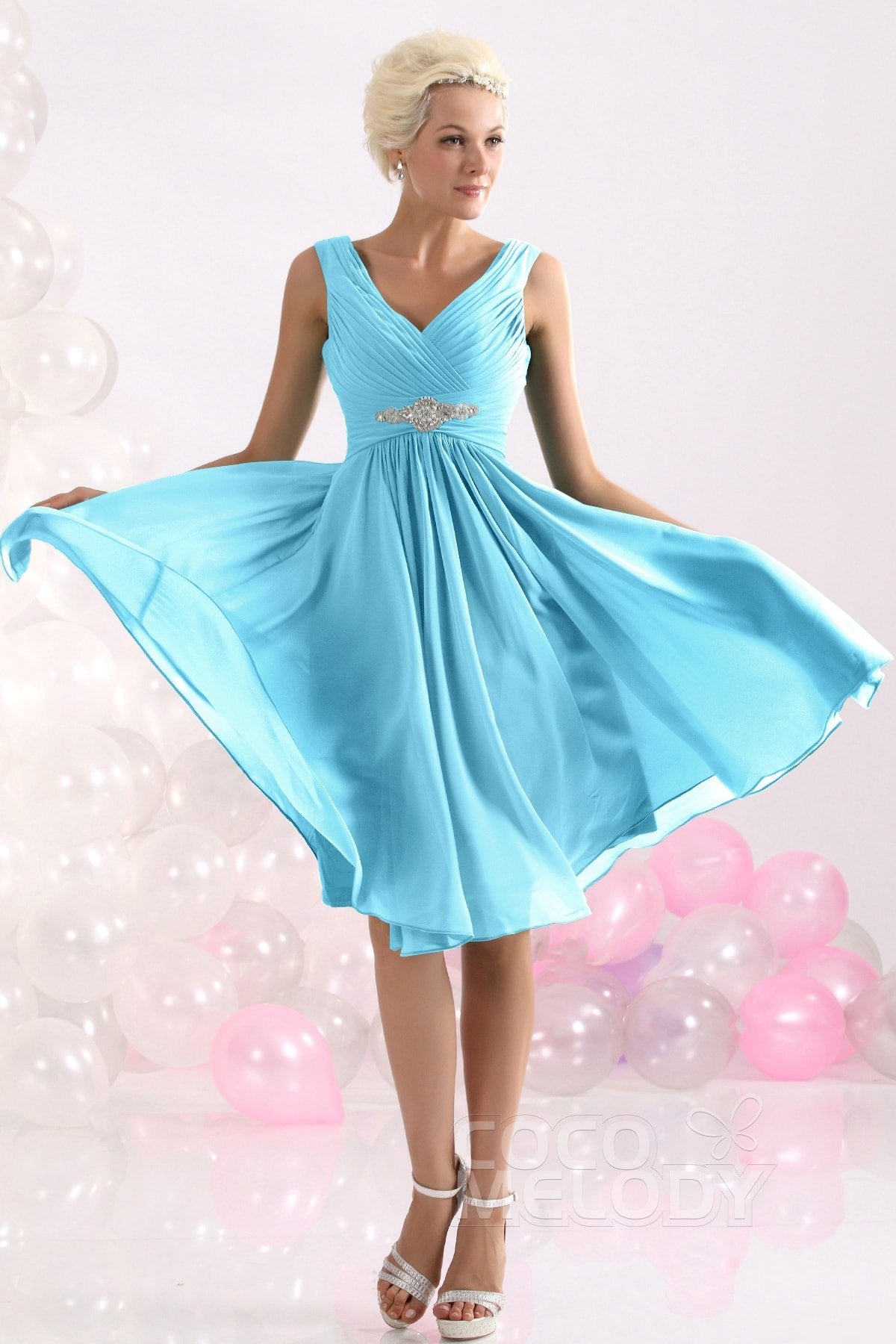 COCOMELODY A-Line Knee Length Chiffon Bridesmaids Dress COZK1302A 