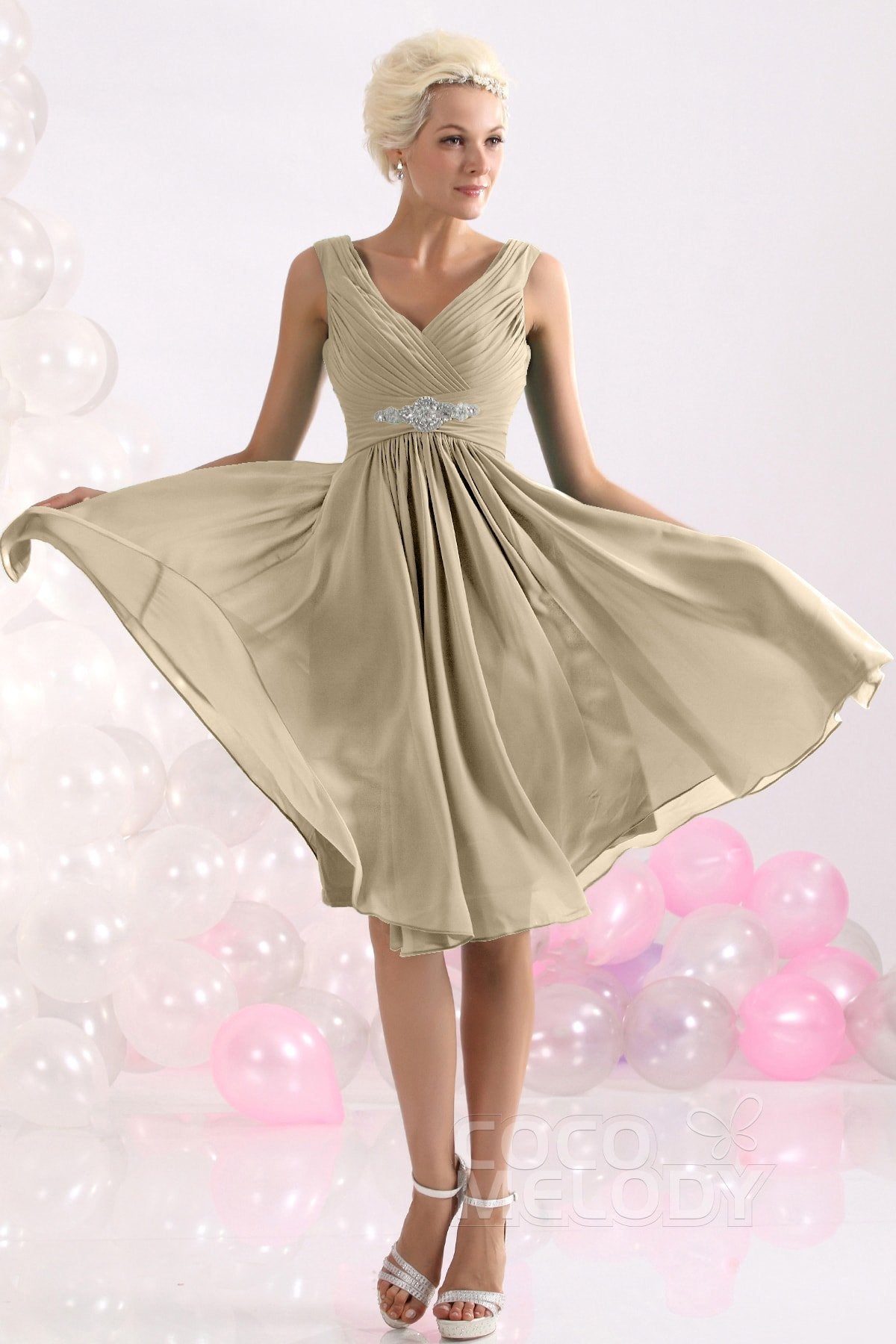 COCOMELODY A-Line Knee Length Chiffon Bridesmaids Dress COZK1302A 