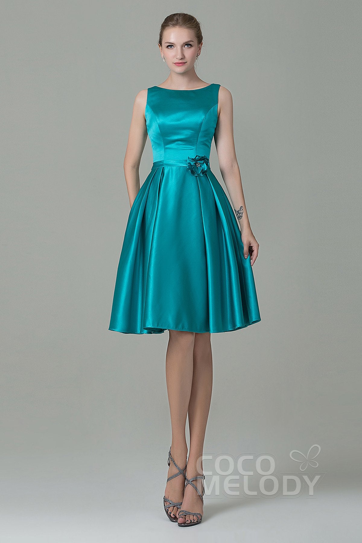 COCOMELODY A-Line Knee Length Satin Bridesmaid Dress COZK1500B 