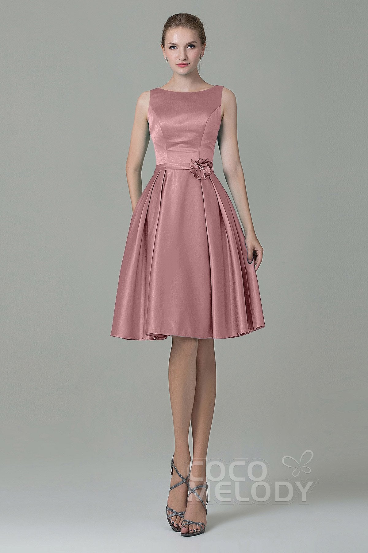 COCOMELODY A-Line Knee Length Satin Bridesmaid Dress COZK1500B 