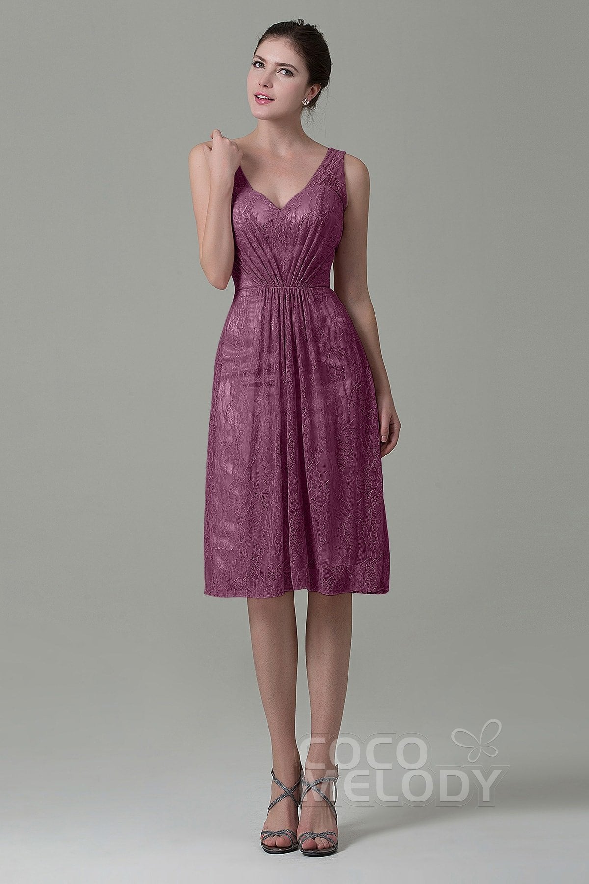 COCOMELODY Sheath-Column Knee Length Lace Bridesmaid Dress COZK16010 