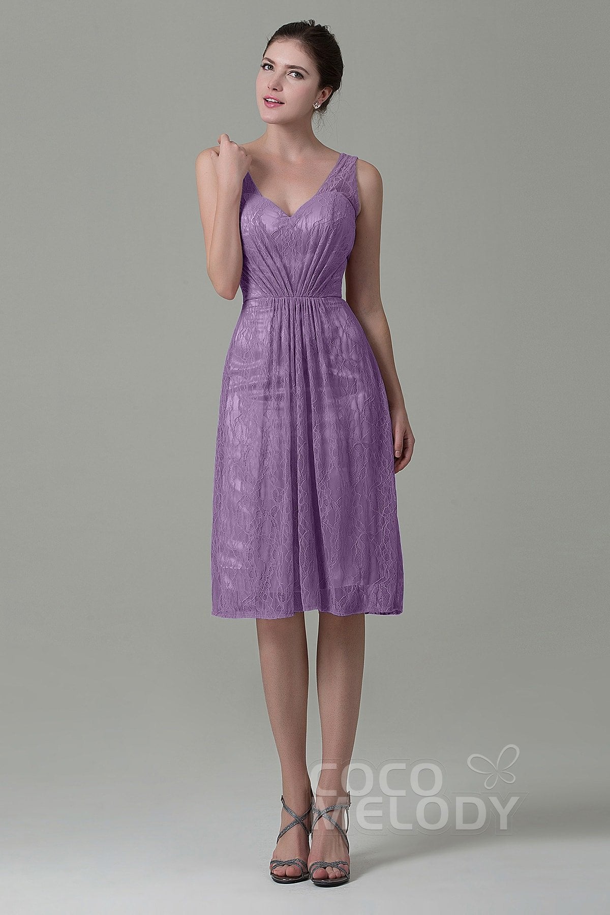 COCOMELODY Sheath-Column Knee Length Lace Bridesmaid Dress COZK16010 