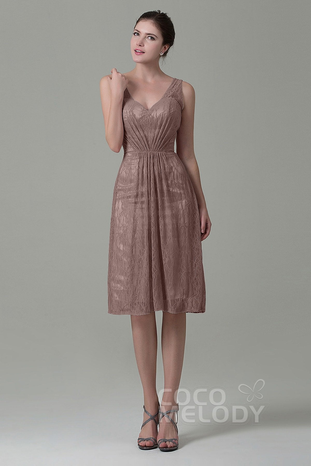 COCOMELODY Sheath-Column Knee Length Lace Bridesmaid Dress COZK16010 