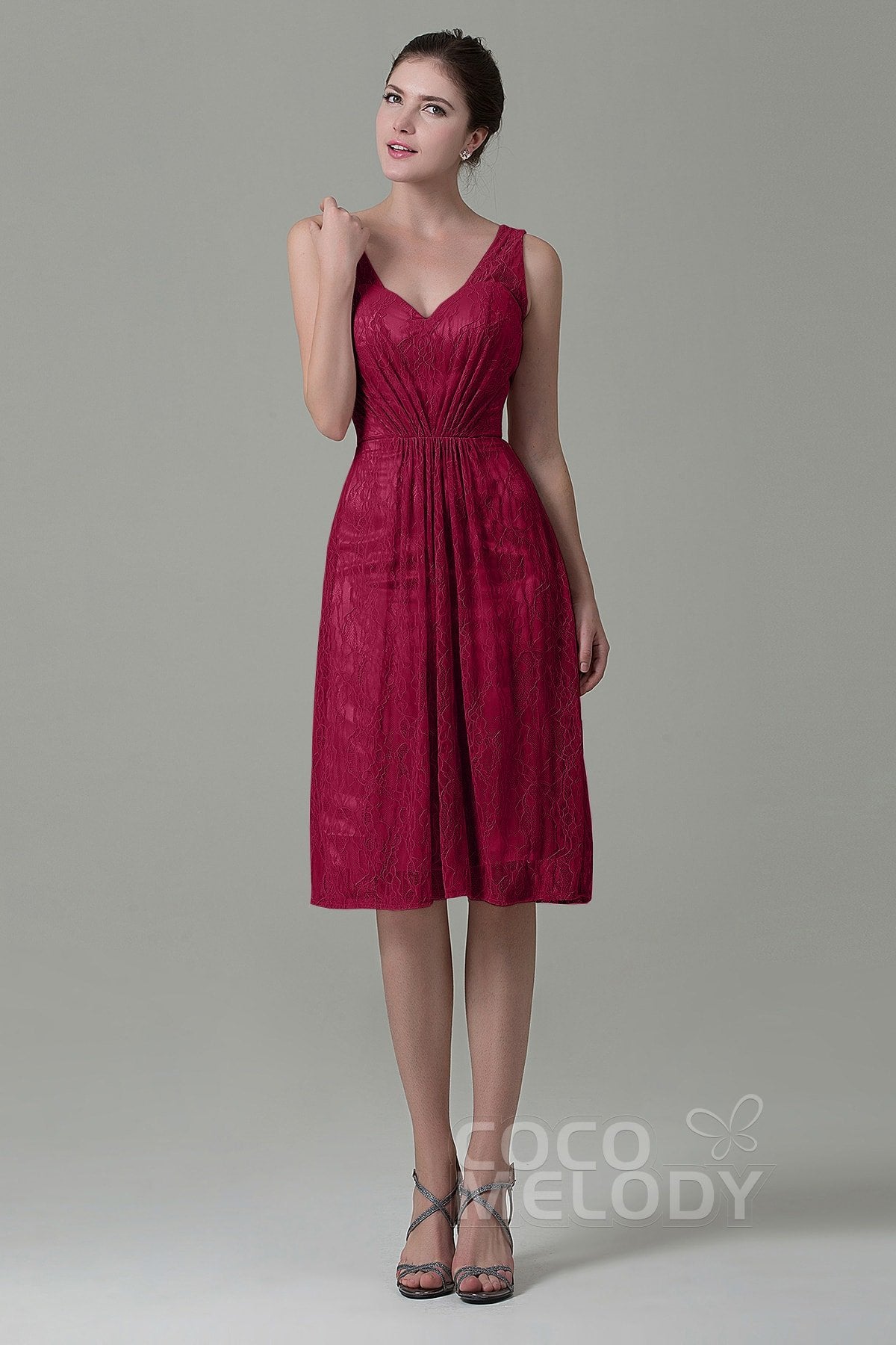 COCOMELODY Sheath-Column Knee Length Lace Bridesmaid Dress COZK16010 