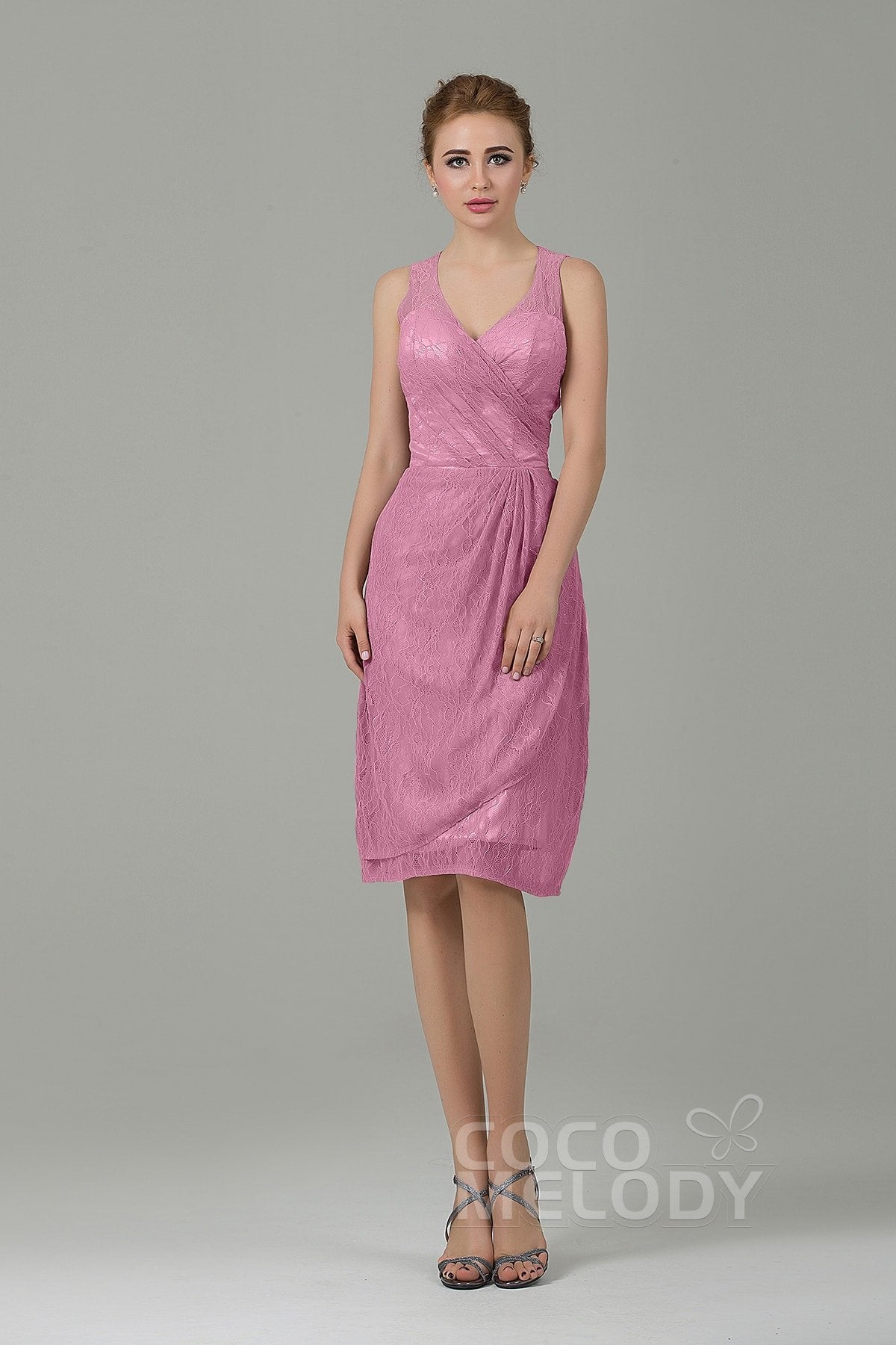 COCOMELODY Sheath-Column Knee Length Lace Bridesmaid Dress COZK16012 