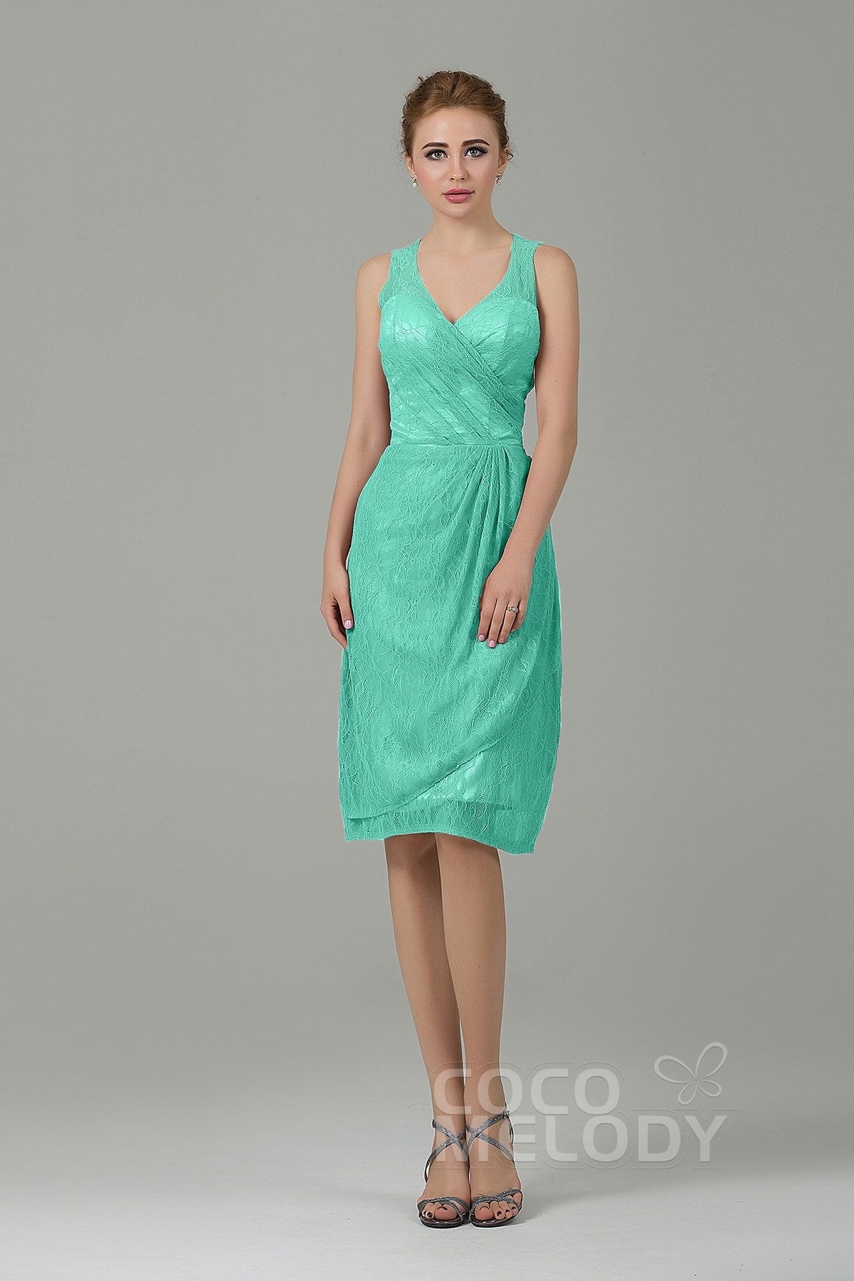 COCOMELODY Sheath-Column Knee Length Lace Bridesmaid Dress COZK16012 