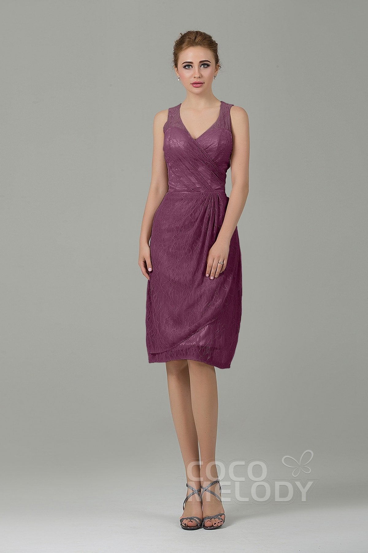 COCOMELODY Sheath-Column Knee Length Lace Bridesmaid Dress COZK16012 