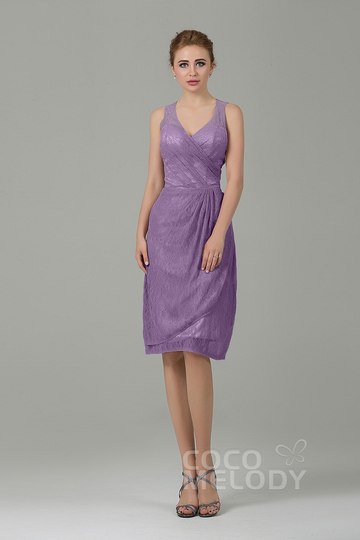 COCOMELODY Sheath-Column Knee Length Lace Bridesmaid Dress COZK16012 