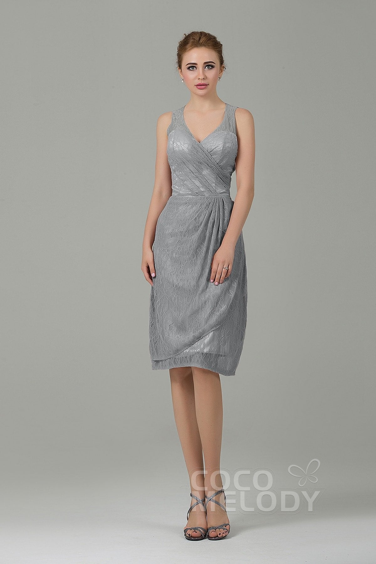 COCOMELODY Sheath-Column Knee Length Lace Bridesmaid Dress COZK16012 