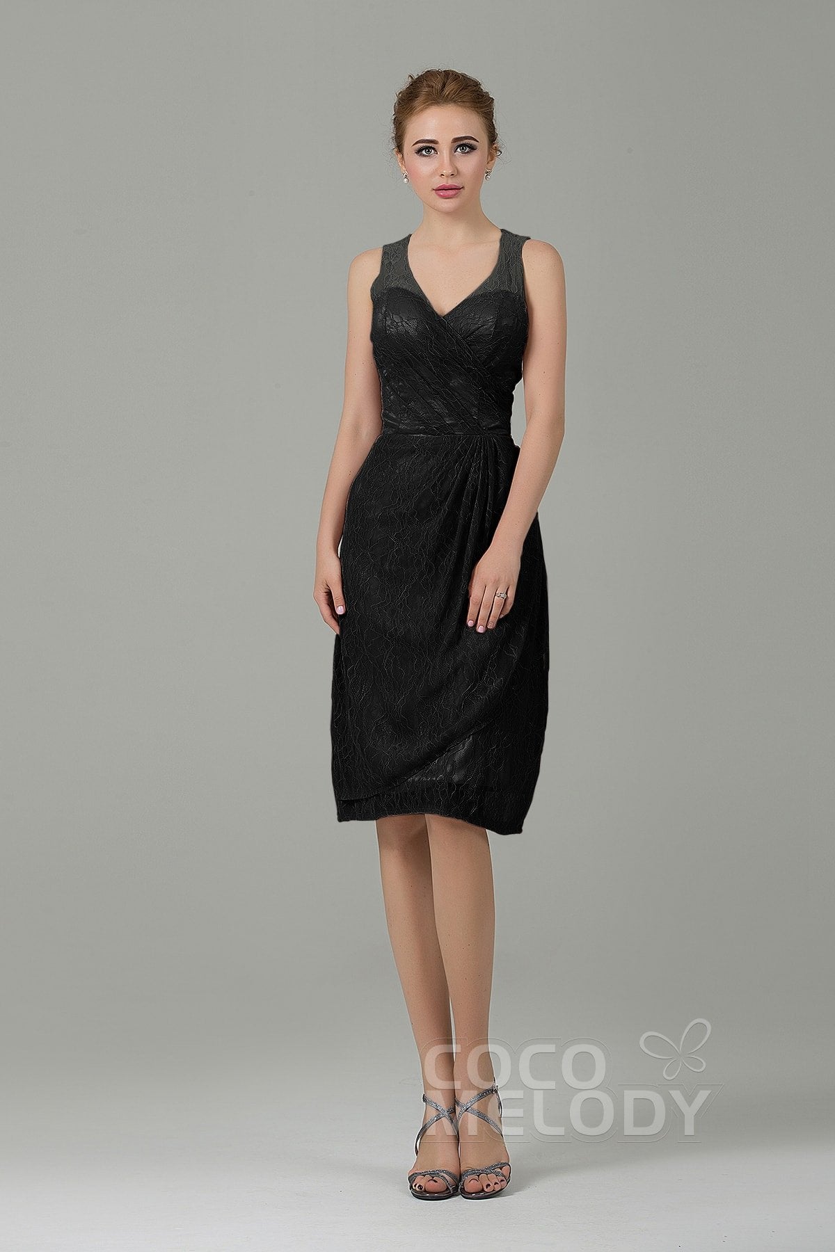 COCOMELODY Sheath-Column Knee Length Lace Bridesmaid Dress COZK16012 