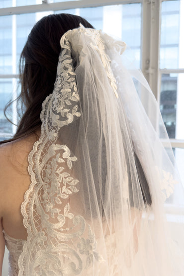 One-tier Lace Edge Tulle Cathedral Veils with Appliques CV0332