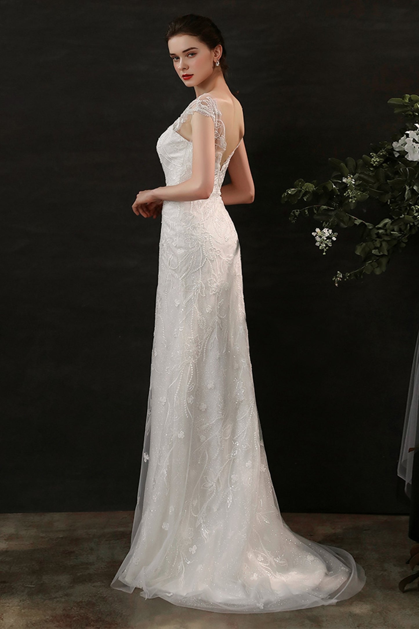 Sheath Sweep-Brush Train Lace Tulle Wedding Dress CW2700