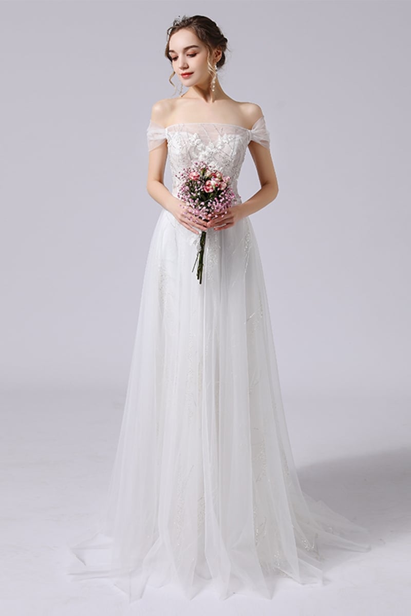 A-Line Sweep-Brush Train Lace Tulle Wedding Dress CW2716