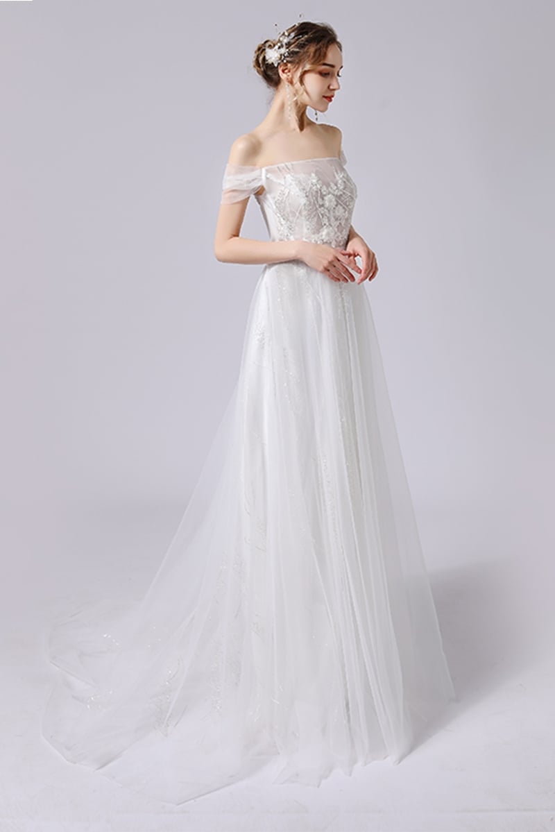 A-Line Sweep-Brush Train Lace Tulle Wedding Dress CW2716