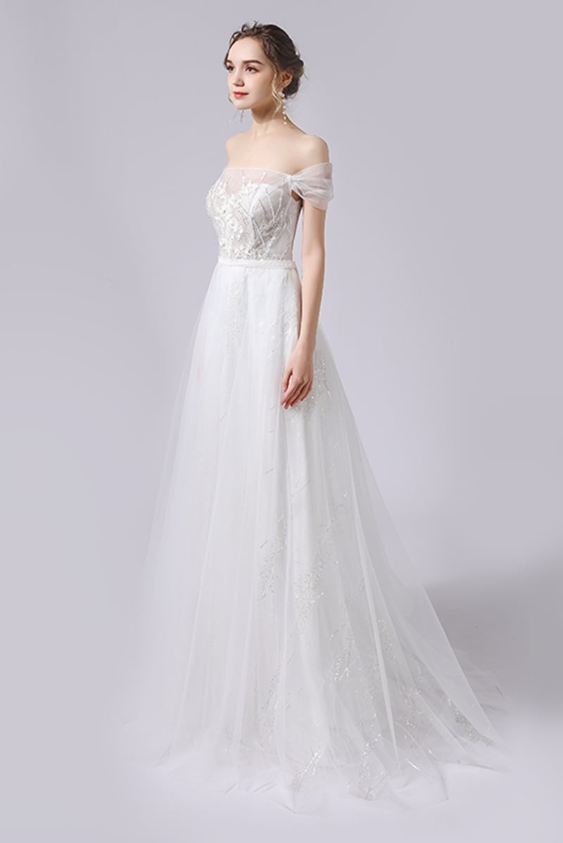 A-Line Sweep-Brush Train Lace Tulle Wedding Dress CW2716