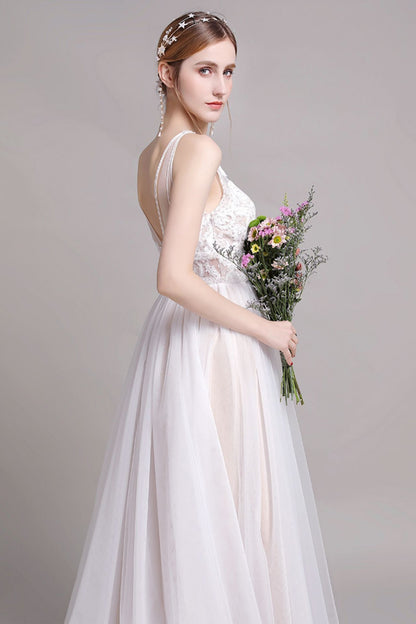 A-Line Sweep-Brush Train Lace Wedding Dress CW2765