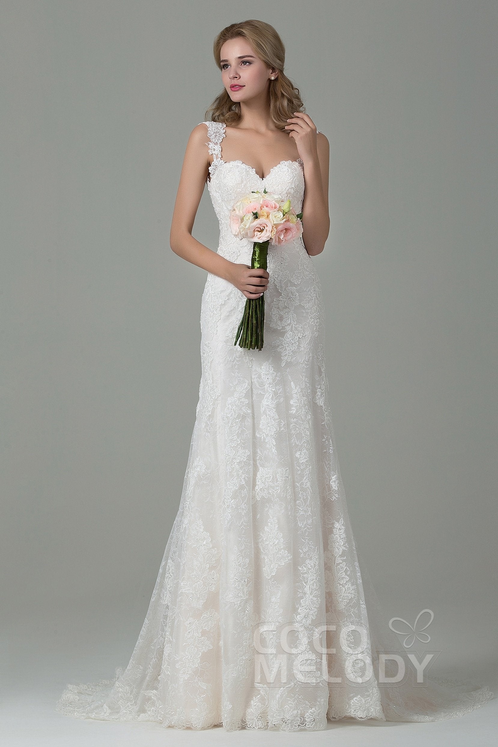 Sheath-Column Straps Court Train Wedding Dress CWVT15002 – COCOMELODY