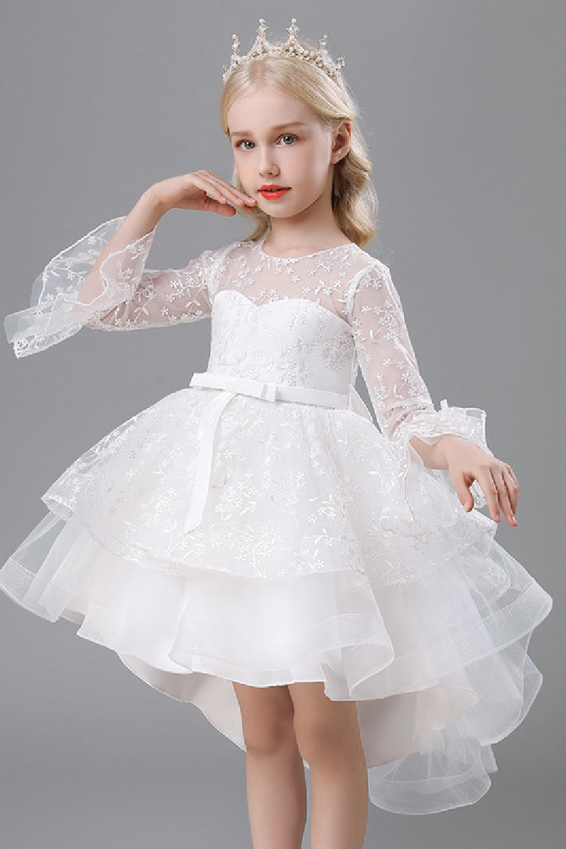 A-Line Scoop Neck Long Sleeve High-Low Tulle Flower Girl Dresses 732392319918